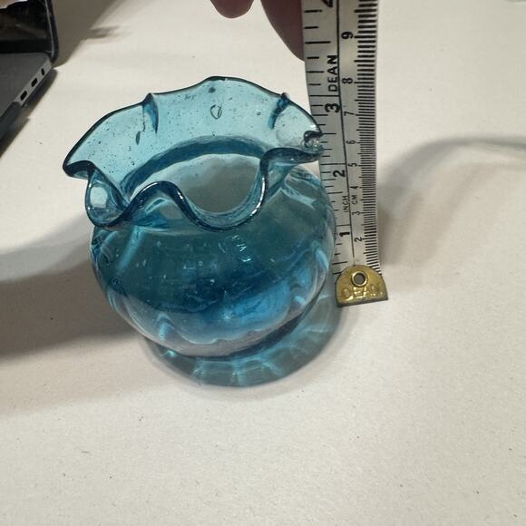Mid Century Blue Blown Glass Vase Ruffle Edge Empoli Blenko Style Handmade Tiny - Picture 6 of 6